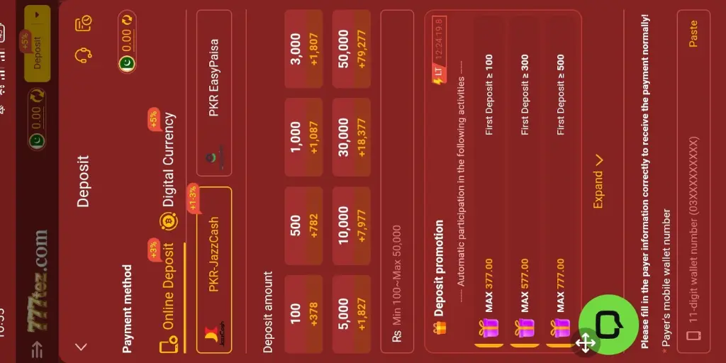 777TEZ Game Deposit Methods